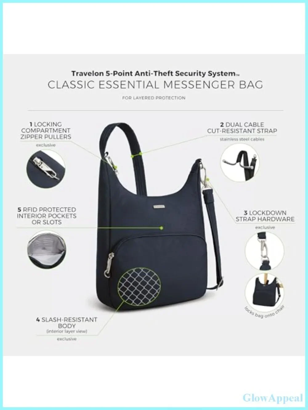Anti-Theft Messenger Bag RFID Blocking Locking Zip Travel Crossbody